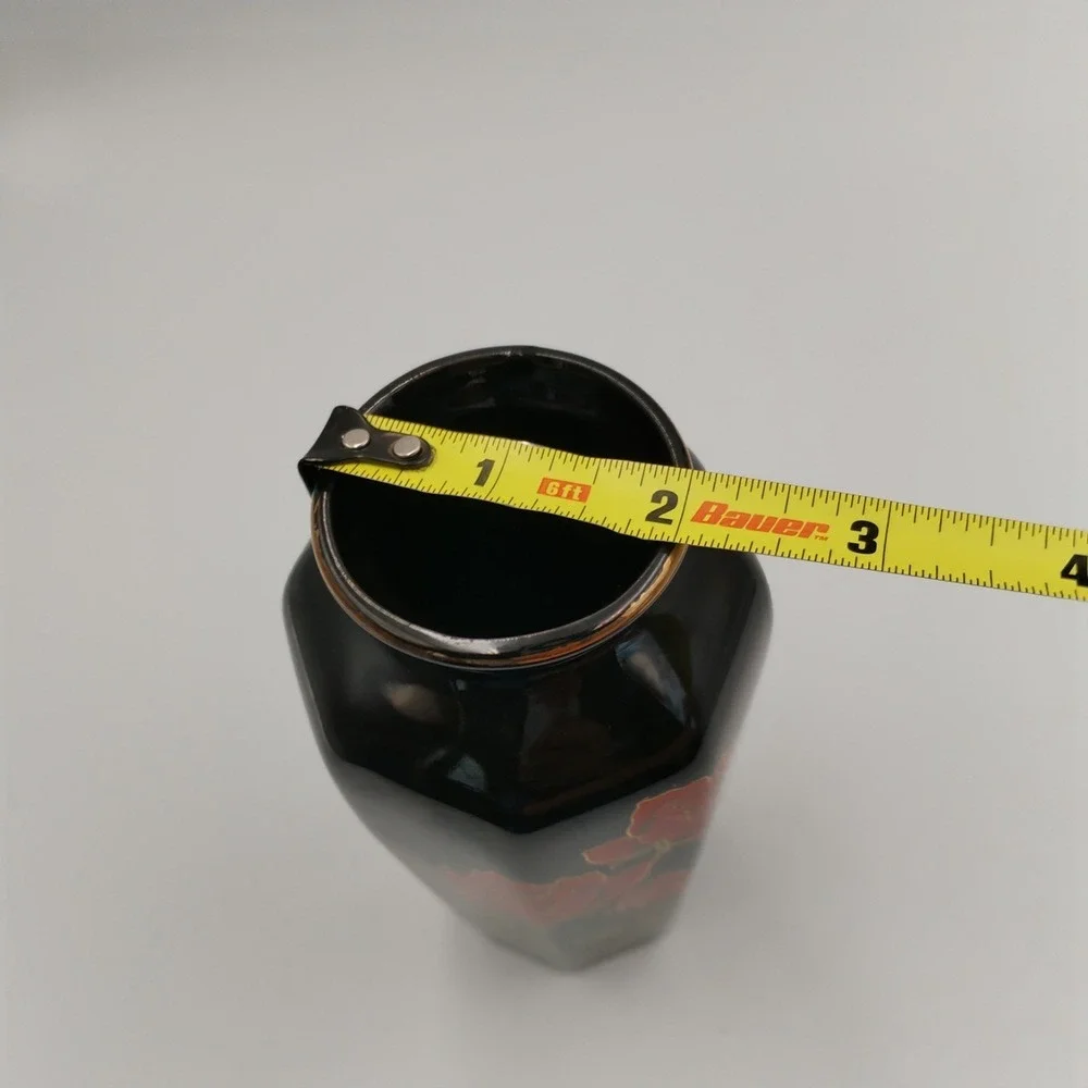 VTG Otagiri Japan Crimson Rose Black Porcelain Vase Octagon Gold‎ Trim 6